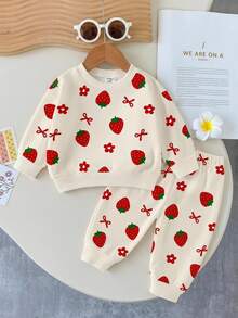 SHEIN 1 Set Baby Girls Casual Fashionable Cute Sweet Strawberry Bow Floral Print Crew Neck Sweatshirt And Sweatpants Set, Autumn/Winter Fall - Black - View 1