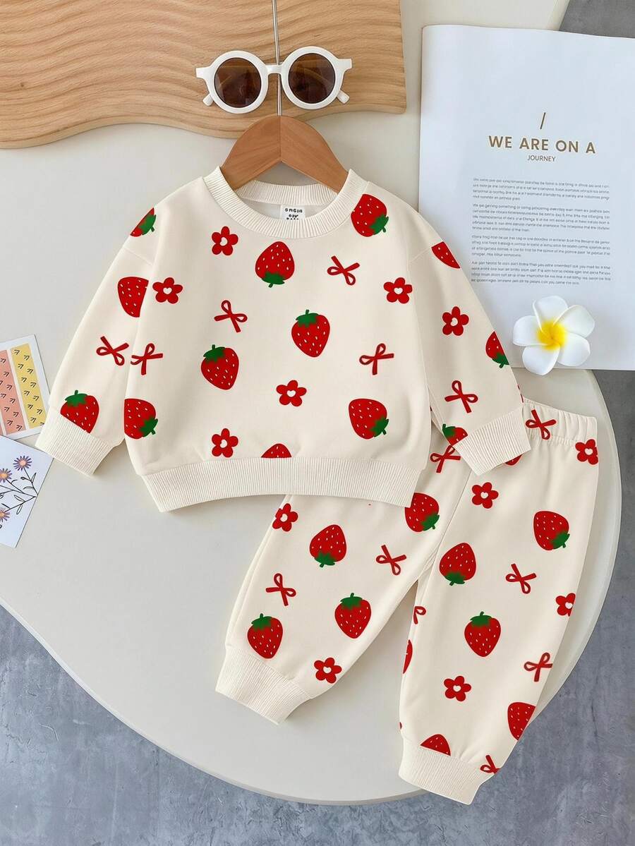 SHEIN 1 Set Baby Girls Casual Fashionable Cute Sweet Strawberry Bow Floral Print Crew Neck Sweatshirt And Sweatpants Set, Autumn/Winter Fall - Black - View 1
