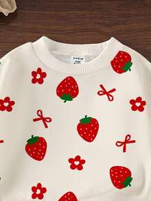 SHEIN 1 Set Baby Girls Casual Fashionable Cute Sweet Strawberry Bow Floral Print Crew Neck Sweatshirt And Sweatpants Set, Autumn/Winter Fall - Black - View 3