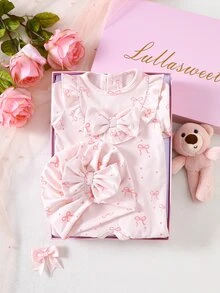 Newborn Baby Girl Pink Bow Print Jumpsuit With Ruffles, Footie Hat Set - Pink - View 5