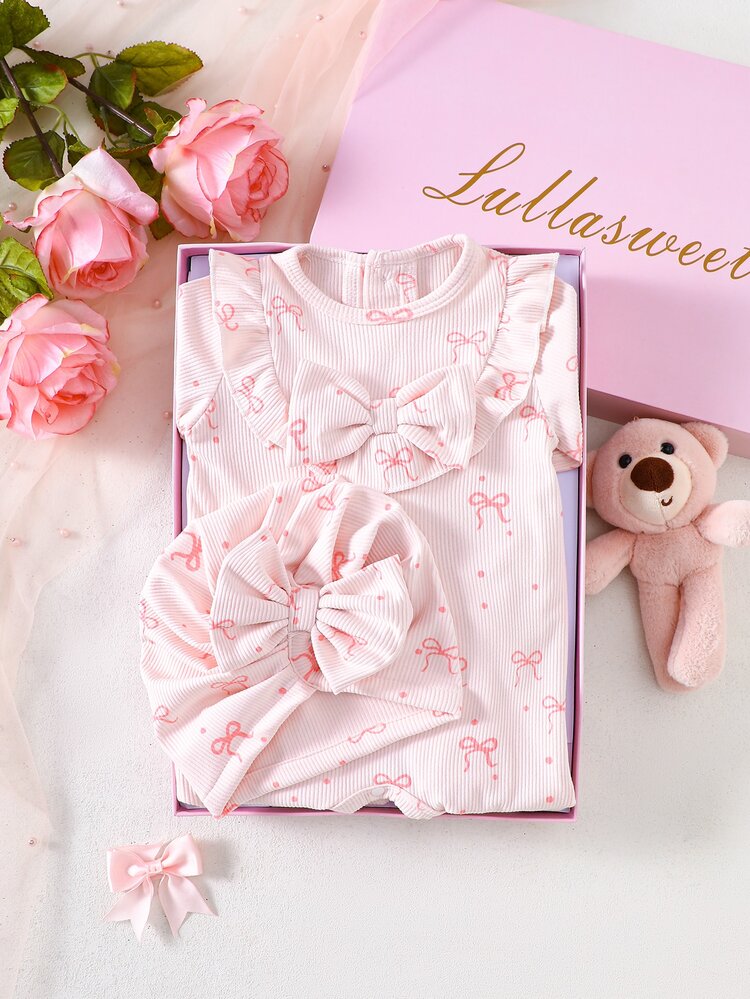 Newborn Baby Girl Pink Bow Print Jumpsuit With Ruffles, Footie Hat Set - Pink - View 5