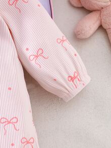 Newborn Baby Girl Pink Bow Print Jumpsuit With Ruffles, Footie Hat Set - Pink - View 7