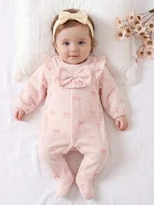 Newborn Baby Girl Pink Bow Print Jumpsuit With Ruffles, Footie Hat Set - Pink - View 1