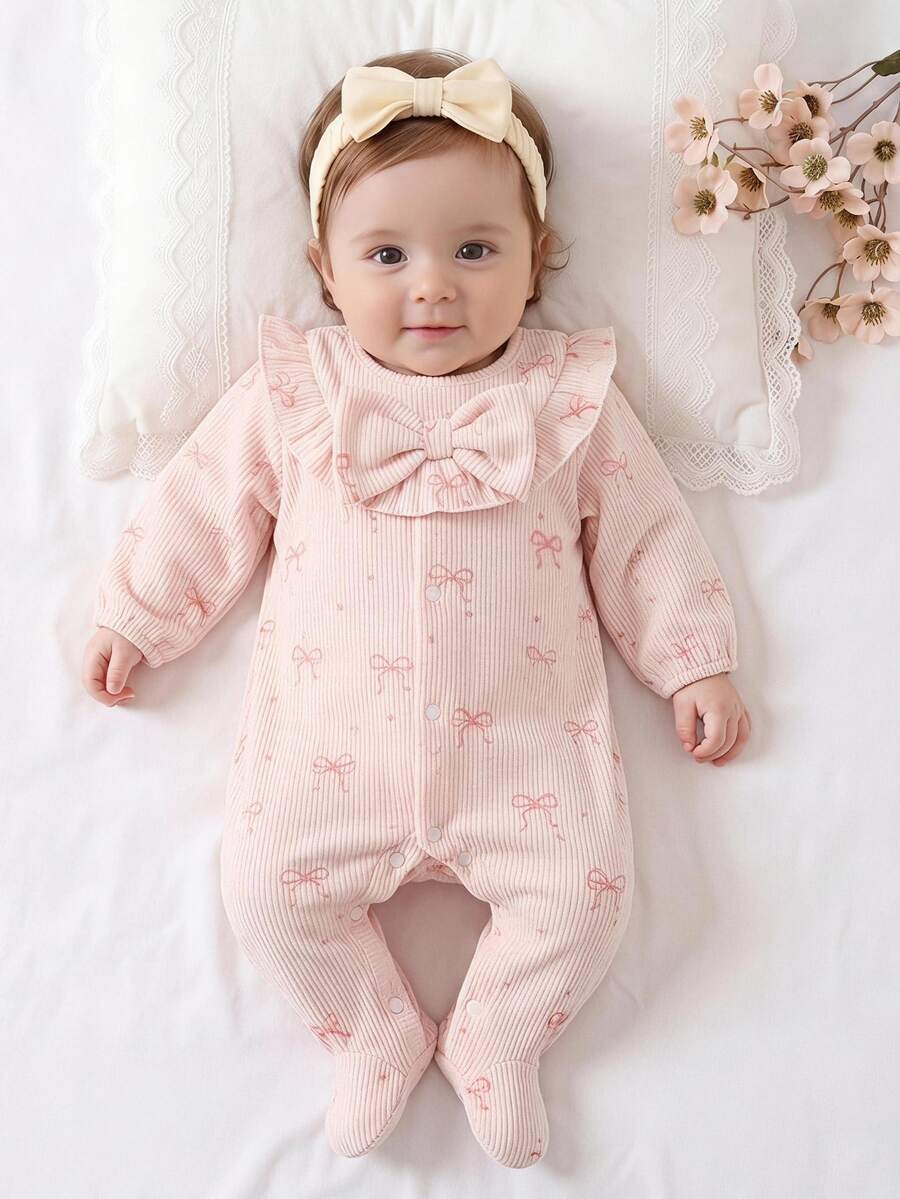 Newborn Baby Girl Pink Bow Print Jumpsuit With Ruffles, Footie Hat Set - Pink - View 1