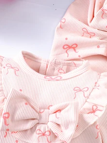 Newborn Baby Girl Pink Bow Print Jumpsuit With Ruffles, Footie Hat Set - Pink - View 8