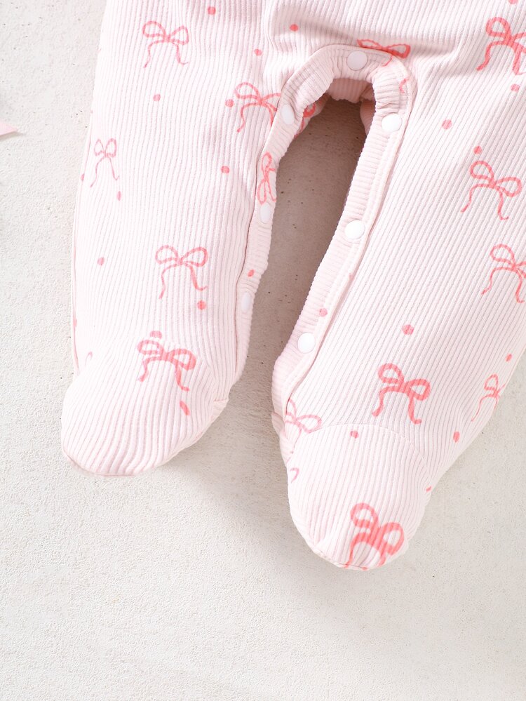 Newborn Baby Girl Pink Bow Print Jumpsuit With Ruffles, Footie Hat Set - Pink - View 6