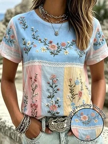 Breezaya 夏季女款拼色花卉蕾絲印花T恤，優雅圓領休閒短袖上衣 - 彩色 - 查看 1