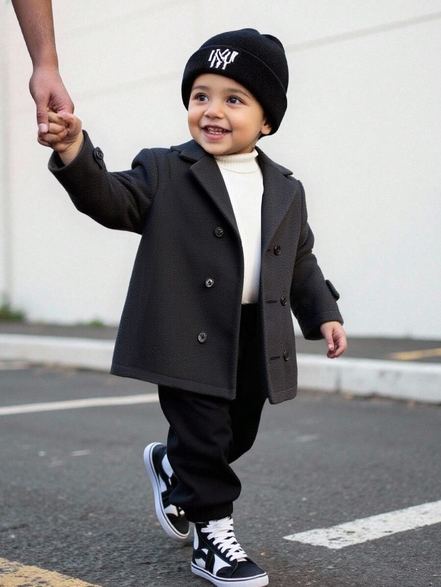 SHEIN Kids Young Boys Thermal Lined Thickened Classic Versatile Overcoat Autumn Winter Jacket Double-Breasted Lapel Design - Black - View 1