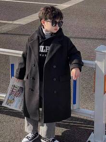 SHEIN 兒童小男孩保暖內裡加厚經典百搭大衣 秋冬夾克 雙排扣翻領設計 - 黑色 - 查看 1