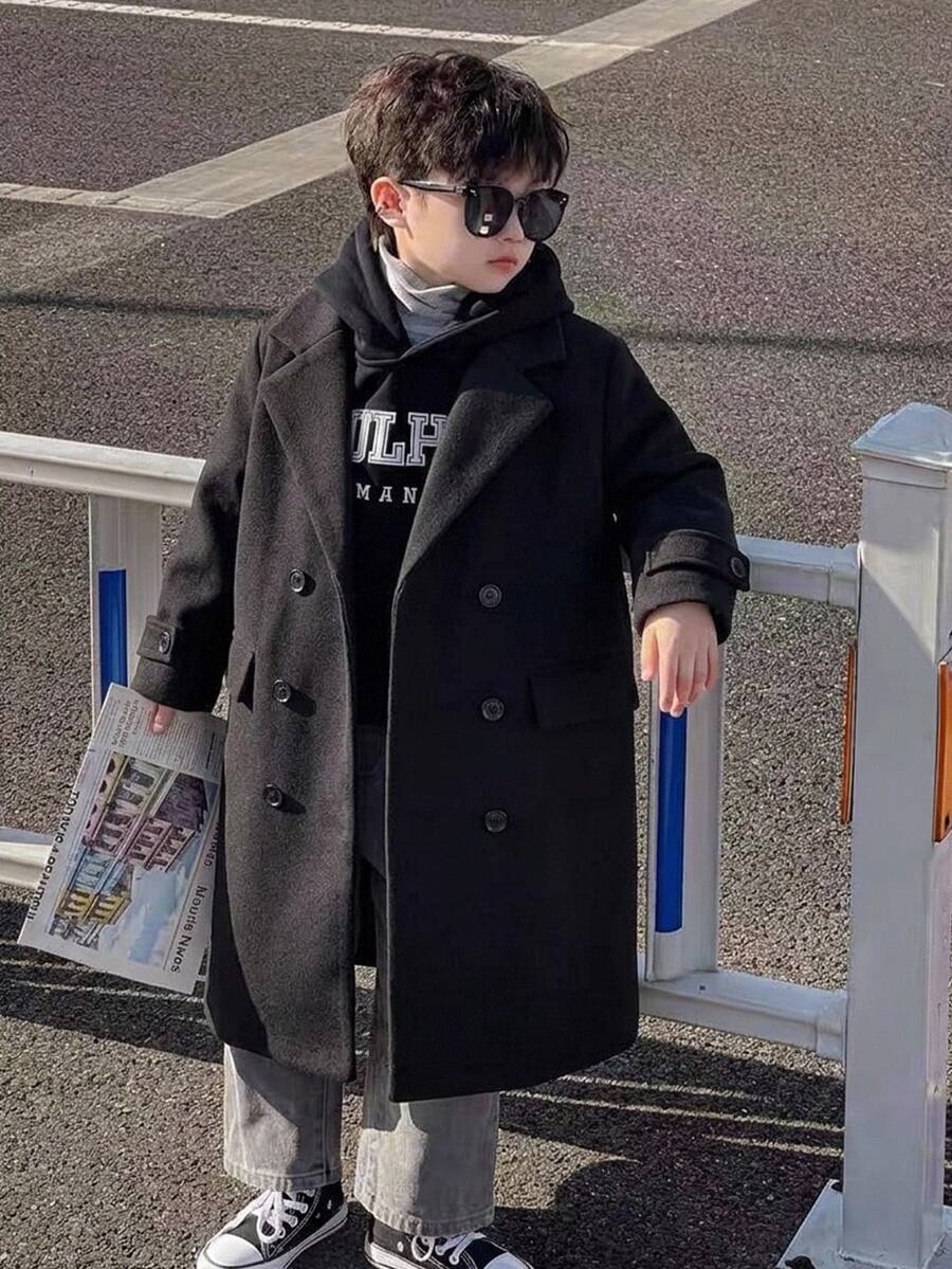 SHEIN 兒童小男孩保暖內裡加厚經典百搭大衣 秋冬夾克 雙排扣翻領設計 - 黑色 - 查看 1