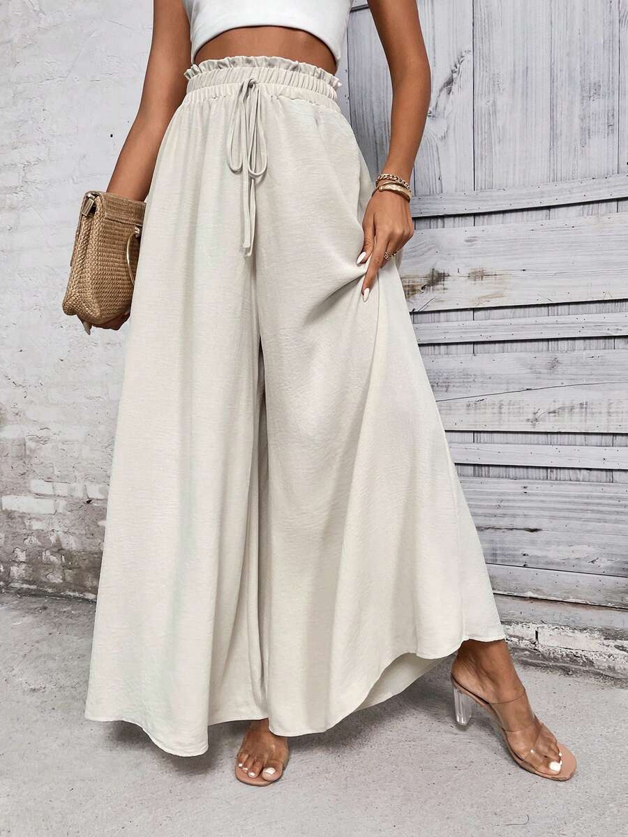 Linhara CURVE Plus Size Solid Color Wide Leg Casual Vacation Pants Fall Brunch White - Apricot - View 1