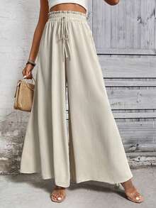 Linhara CURVE Plus Size Solid Color Wide Leg Casual Vacation Pants Fall Brunch White - Apricot - View 4