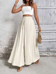 Linhara CURVE Plus Size Solid Color Wide Leg Casual Vacation Pants Fall Brunch White - Apricot - View 3