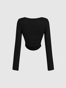SHEIN MOD 3件組女款百褶休閒性感方領長袖T恤上衣套裝，保暖衣物，適合秋季日常外出與夜晚聚會，黑色、深棕色、米色 - 棕色 - 查看 9