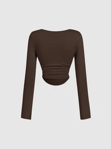 SHEIN MOD 3件組女款百褶休閒性感方領長袖T恤上衣套裝，保暖衣物，適合秋季日常外出與夜晚聚會，黑色、深棕色、米色 - 棕色 - 查看 7