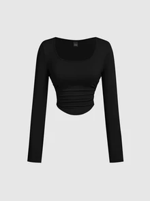 SHEIN MOD 3件組女款百褶休閒性感方領長袖T恤上衣套裝，保暖衣物，適合秋季日常外出與夜晚聚會，黑色、深棕色、米色 - 棕色 - 查看 8