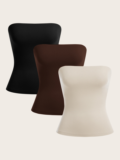 SHEIN BASICS 3pcs/Set Casual Minimalist Basic Solid Color Knit Camisole Tops For Women Summer Open Shoulder Homewear Black Shades Of Brown White Lounge