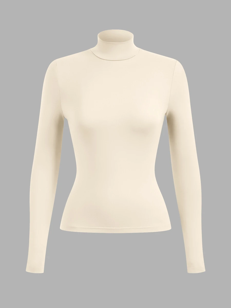 SHEIN BASICS 女款米白色立領上衣,修身版型,長袖,假領,秋季女式辦公日常簡約基礎優雅端莊款 - 米色 - 查看 1