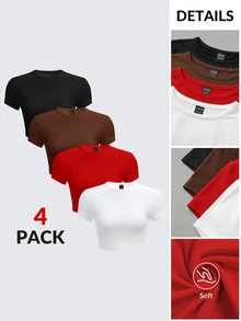 SHEIN BASICS 4pcs/Pack Plain Knit Short Sleeve Round Neck Slim Cropped T-Shirt For Women Summer Everyday Daytime Office City Break Black Brown Red White Casual - Multicolor - View 4