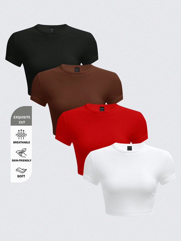 SHEIN BASICS 4pcs/Pack Plain Knit Short Sleeve Round Neck Slim Cropped T-Shirt For Women Summer Everyday Daytime Office City Break Black Brown Red White Casual - Multicolor - View 5