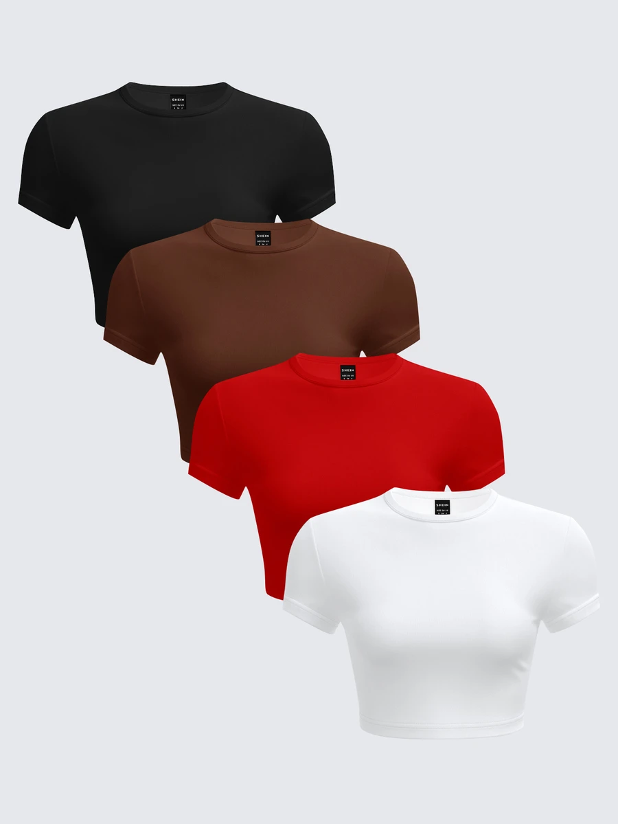 SHEIN BASICS 4pcs/Pack Plain Knit Short Sleeve Round Neck Slim Cropped T-Shirt For Women Summer Everyday Daytime Office City Break Black Brown Red White Casual