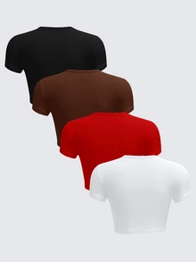 SHEIN BASICS 4pcs/Pack Plain Knit Short Sleeve Round Neck Slim Cropped T-Shirt For Women Summer Everyday Daytime Office City Break Black Brown Red White Casual - Multicolor - View 3