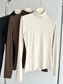 SHEIN BASICS 3pcs/Set Solid Color Knit Mock Neck Straight Shoulder Long Sleeve Fitted Women Undershirt Tops Black Chocolate Brown Beige Autumn Basic Everyday - Brown - View 7