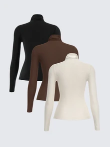 SHEIN BASICS 3pcs/Set Solid Color Knit Mock Neck Straight Shoulder Long Sleeve Fitted Women Undershirt Tops Black Chocolate Brown Beige Autumn Basic Everyday - Brown - View 4