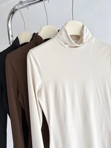 SHEIN BASICS 3pcs/Set Solid Color Knit Mock Neck Straight Shoulder Long Sleeve Fitted Women Undershirt Tops Black Chocolate Brown Beige Autumn Basic Everyday - Brown - View 6