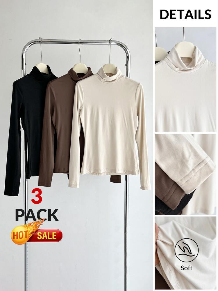 SHEIN BASICS 3pcs/Set Solid Color Knit Mock Neck Straight Shoulder Long Sleeve Fitted Women Undershirt Tops Black Chocolate Brown Beige Autumn Basic Everyday - Brown - View 8