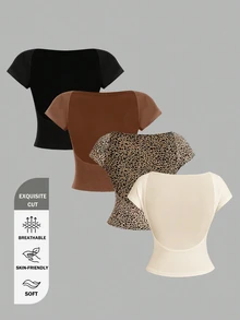 SHEIN Essnce 4pcs Casual Minimalist Round Neck Slim Fit Backless Hollow Women T-Shirts, Suitable For Summer Suitable For Going Out - Multicolor - View 15