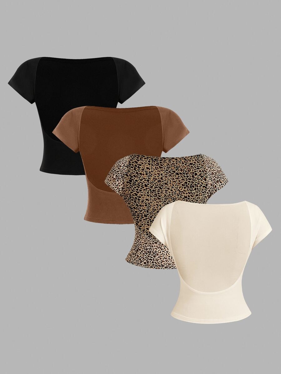 SHEIN Essnce 4pcs Casual Minimalist Round Neck Slim Fit Backless Hollow Women T-Shirts, Suitable For Summer Suitable For Going Out