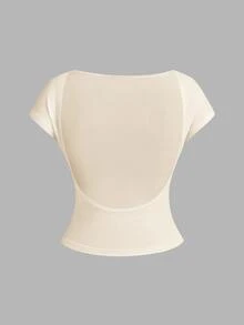 SHEIN Essnce 4pcs Casual Minimalist Round Neck Slim Fit Backless Hollow Women T-Shirts, Suitable For Summer Suitable For Going Out - Multicolor - View 4