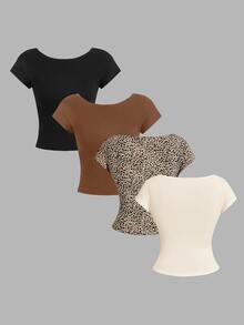 SHEIN Essnce 4pcs Casual Minimalist Round Neck Slim Fit Backless Hollow Women T-Shirts, Suitable For Summer Suitable For Going Out - Multicolor - View 3