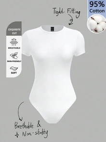 SHEIN BASICS 女款 95% 棉 全白針織圓領短袖連身衣 夏季穿搭 日常白天簡約基本端莊上班穿著 - 彩色 - 查看 2