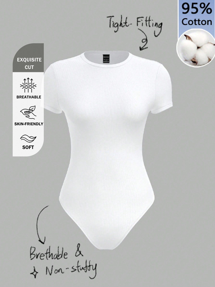 SHEIN BASICS 女款 95% 棉 全白針織圓領短袖連身衣 夏季穿搭 日常白天簡約基本端莊上班穿著 - 彩色 - 查看 9