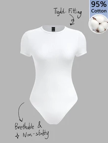 SHEIN BASICS 女款 95% 棉 全白針織圓領短袖連身衣 夏季穿搭 日常白天簡約基本端莊上班穿著 - 彩色 - 查看 10