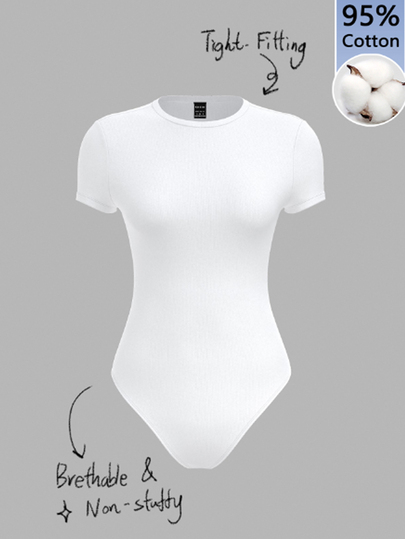 SHEIN BASICS Women's 95 Cotton All White Knit Crew Neck Short Sleeve Bodysuit Summer Outfit For Women Everyday Daytime Minimalist Basic Modest Daytime Office