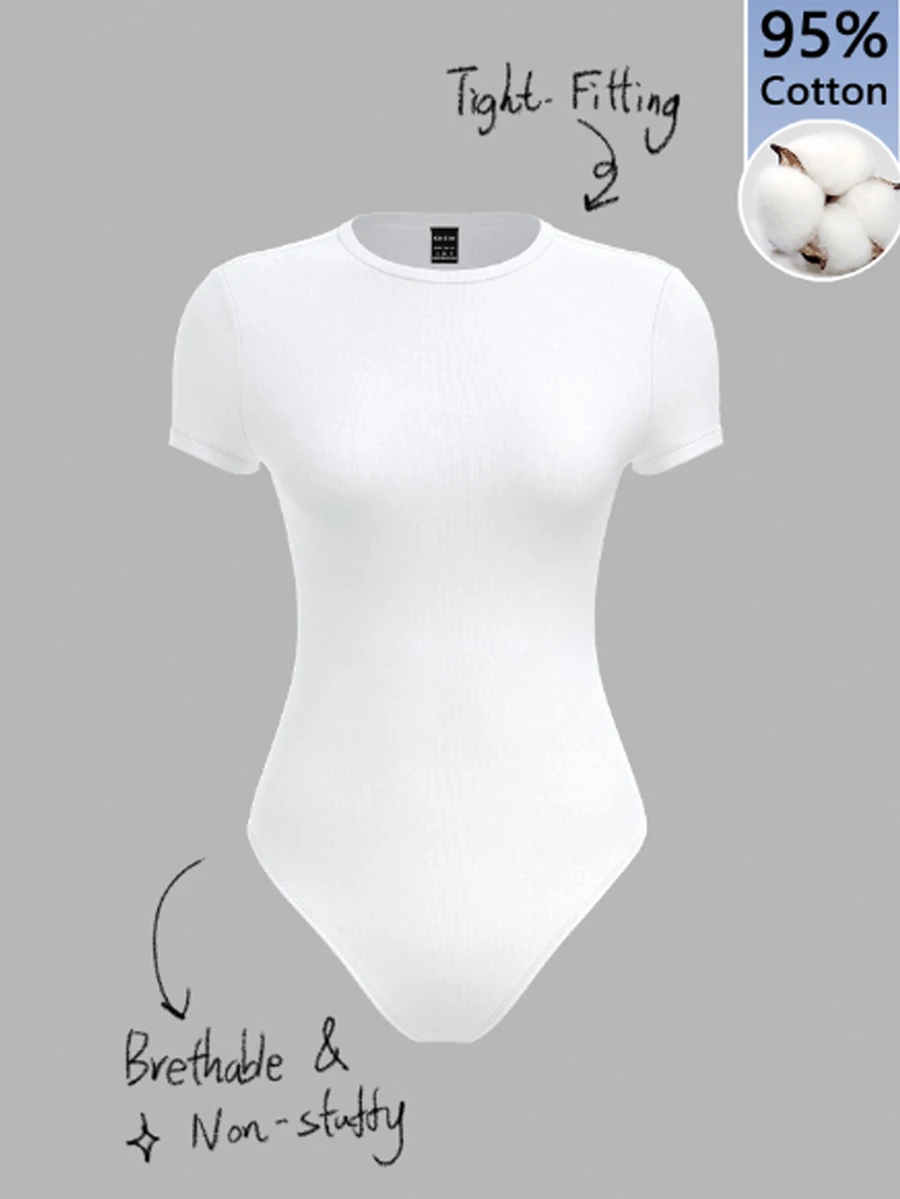 SHEIN BASICS 女款 95% 棉 全白針織圓領短袖連身衣 夏季穿搭 日常白天 極簡基礎端莊 適合辦公室