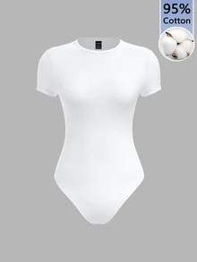 SHEIN BASICS 女款 95% 棉 全白針織圓領短袖連身衣 夏季穿搭 日常白天簡約基本端莊上班穿著 - 彩色 - 查看 7