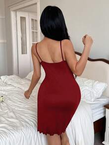 Dream Adore Lace Trim Slit Fitted Solid Color Women's Camisole Nightgown - Red - View 2