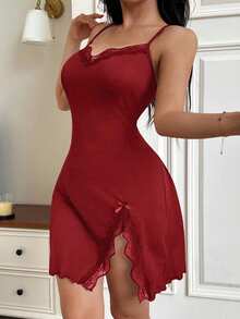 Dream Adore Lace Trim Slit Fitted Solid Color Women's Camisole Nightgown - Red - View 5
