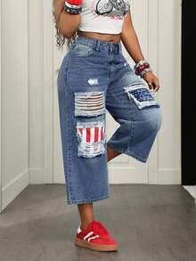 Slaydiva Plus Ripped Wide Leg Crop Jeans - Medium Wash - View 8