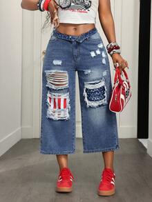 Slaydiva Plus Ripped Wide Leg Crop Jeans - Medium Wash - View 7