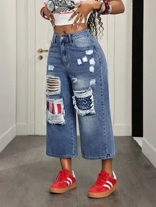 Slaydiva Plus Ripped Wide Leg Crop Jeans - Medium Wash - View 3