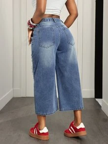 Slaydiva Plus Ripped Wide Leg Crop Jeans - Medium Wash - View 2