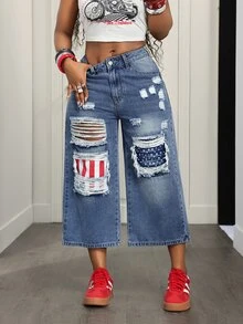 Slaydiva Plus Ripped Wide Leg Crop Jeans - Medium Wash - View 5