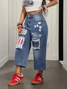 Slaydiva Plus Ripped Wide Leg Crop Jeans - Medium Wash - View 4