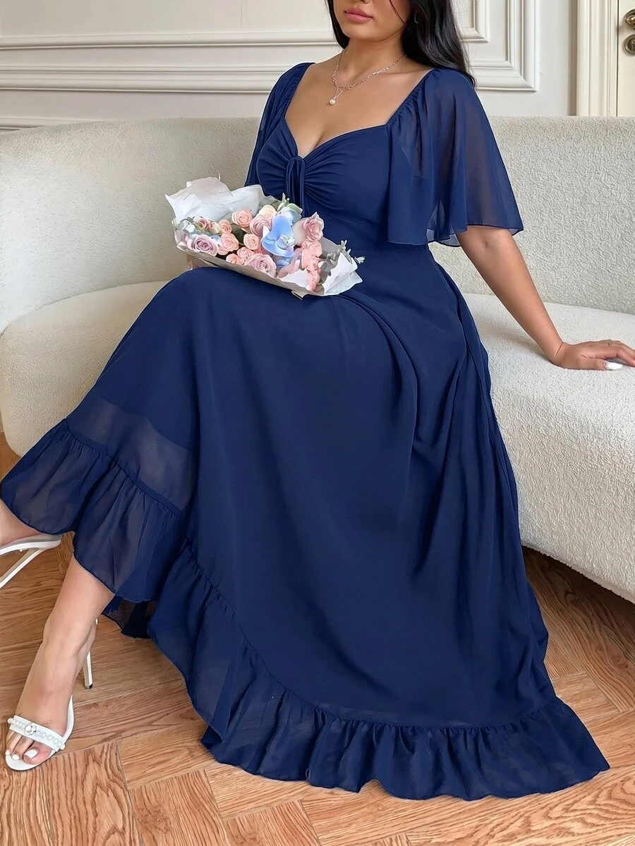 Vibekara Plus Size Casual V-Neck Ruffle Sleeve A-Line Dress, Elegant And Comfortable For Outings - Navy Blue - View 1