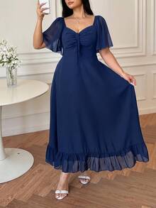 Vibekara Plus Size Casual V-Neck Ruffle Sleeve A-Line Dress, Elegant And Comfortable For Outings - Navy Blue - View 4
